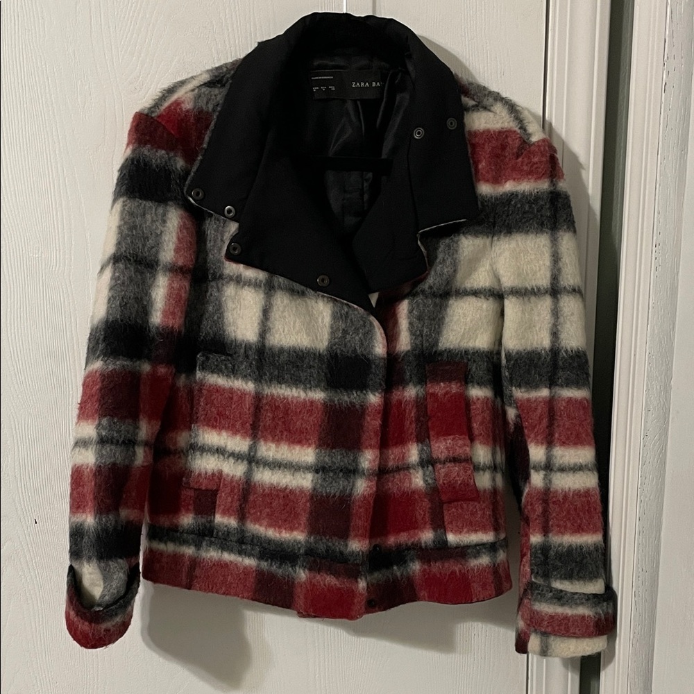 Zara Basic Like New Buffalo Plaid Red & Black Wool Mohair Teddy Jacket Medium